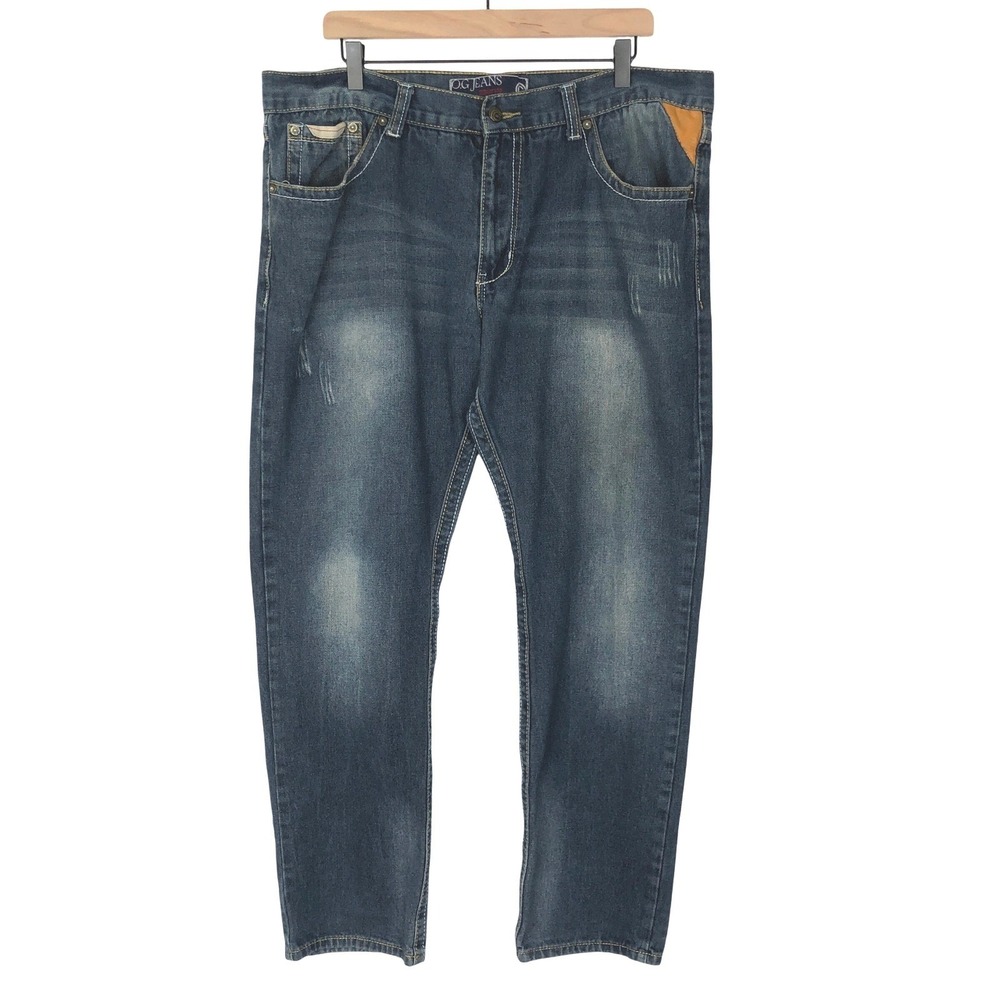 OG JEANS Straight Leg Men's 38x32 (38x30) Distressed Denim Leather Pocket Detail